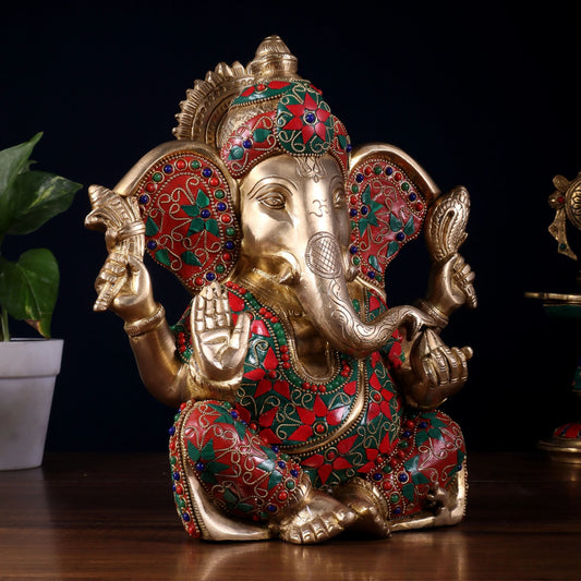 Brassaura™ Brass Lord Ganesha Statue with Meenakari Stonework & Big Ears | Height 10 Inches & Weight 5.15 Kgs