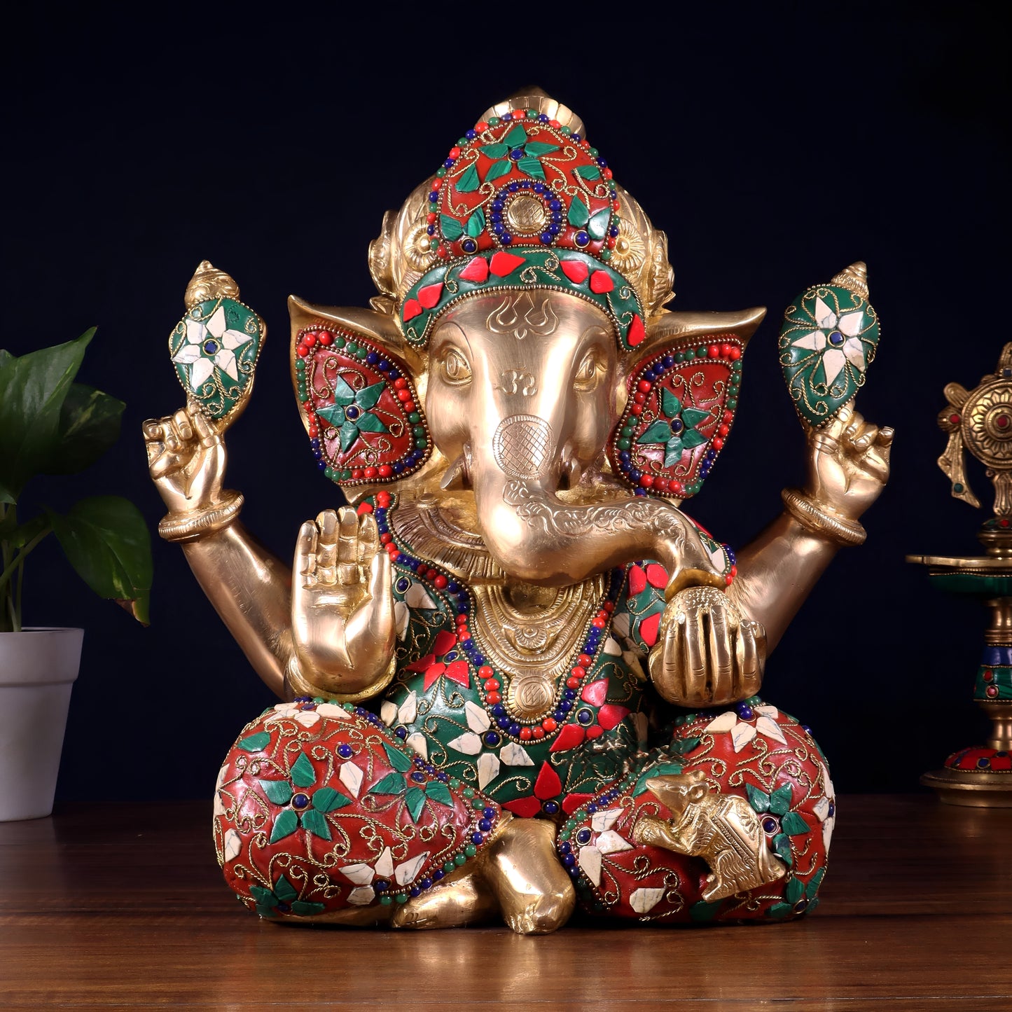 Brassaura™ Brass Crown Ganesha Statue with Meenakari Stonework | Height 13 Inches & Weight 9.5 Kgs