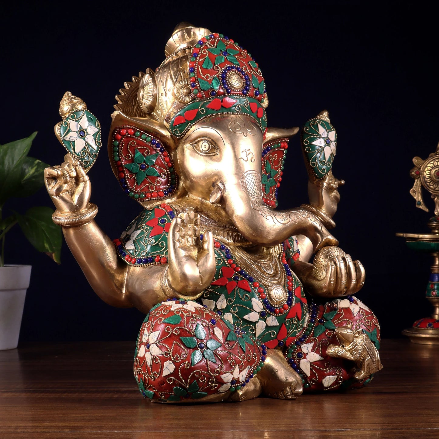 Brassaura™ Brass Crown Ganesha Statue with Meenakari Stonework | Height 13 Inches & Weight 9.5 Kgs
