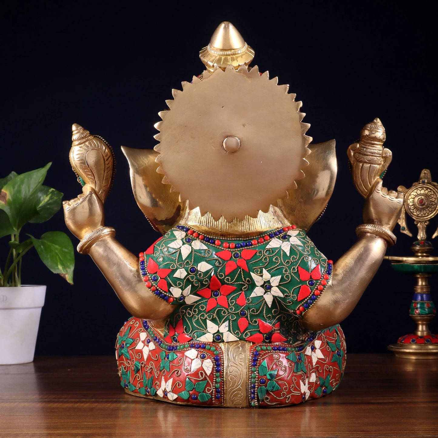 Brassaura™ Brass Crown Ganesha Statue with Meenakari Stonework | Height 13 Inches & Weight 9.5 Kgs