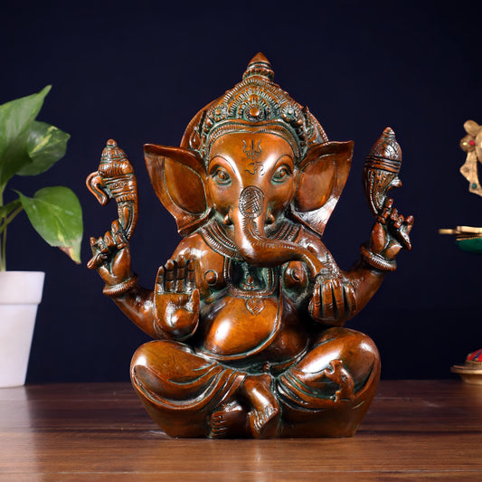Brassaura™ Brass Taj Ganesha Idol with Exquisite Detailing | Height 8 Inches & Weight 3 Kgs