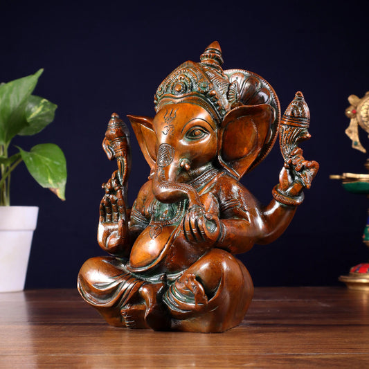 Brassaura™ Brass Taj Ganesha Idol with Exquisite Detailing | Height 8 Inches & Weight 3 Kgs