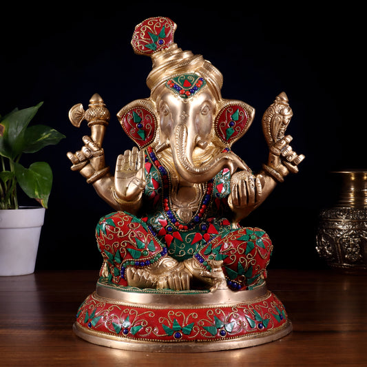 Brassaura™ Pagadi Ganesha Statue with Floral Stonework | Height 11.5 Inches & Weight 8 Kgs
