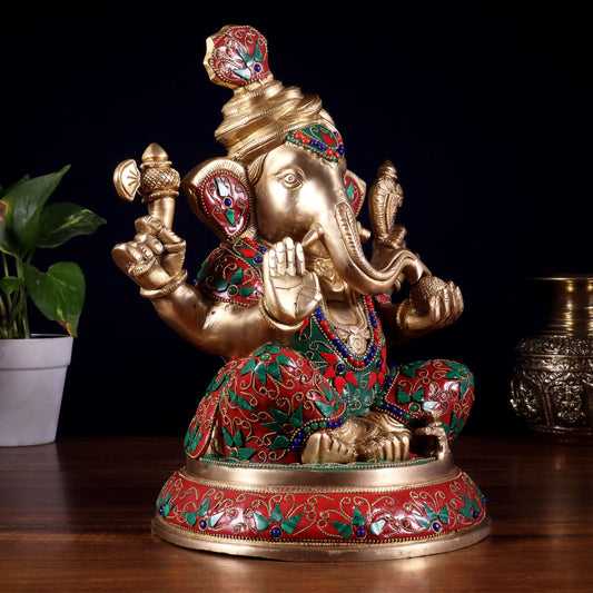 Brassaura™ Pagadi Ganesha Statue with Floral Stonework | Height 11.5 Inches & Weight 8 Kgs