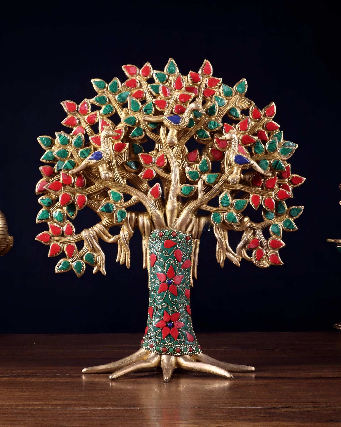Brassaura™ Brass Kalpavriksha Tree of Life with Birds | Meenakari Stone Work Table Showpiece | Weight 2.52 Kgs | Height 12 Inches