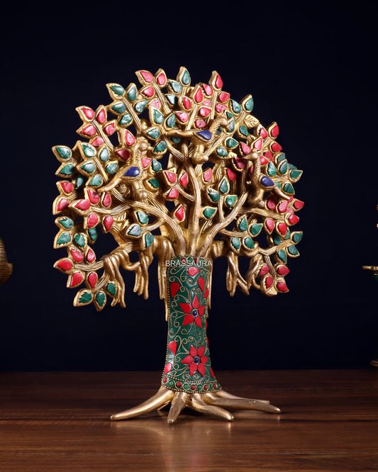 Brassaura™ Brass Kalpavriksha Tree of Life with Birds | Meenakari Stone Work Table Showpiece | Weight 2.52 Kgs | Height 12 Inches