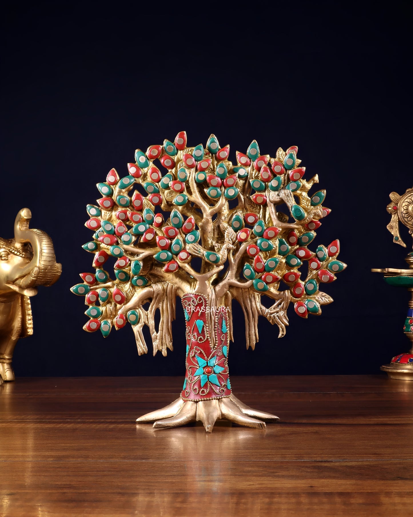 Brassaura™ Pure Brass Handcrafted Kalpavriksha Tree with Stonework | Tabletop Tree of Life Showpiece | Weight 1.2 Kgs | Height 9.5 Inches