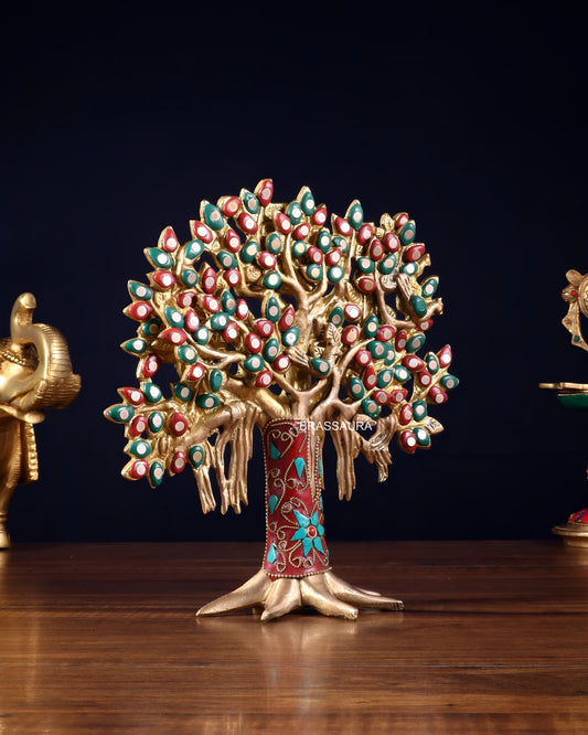 Brassaura™ Pure Brass Handcrafted Kalpavriksha Tree with Stonework | Tabletop Tree of Life Showpiece | Weight 1.2 Kgs | Height 9.5 Inches