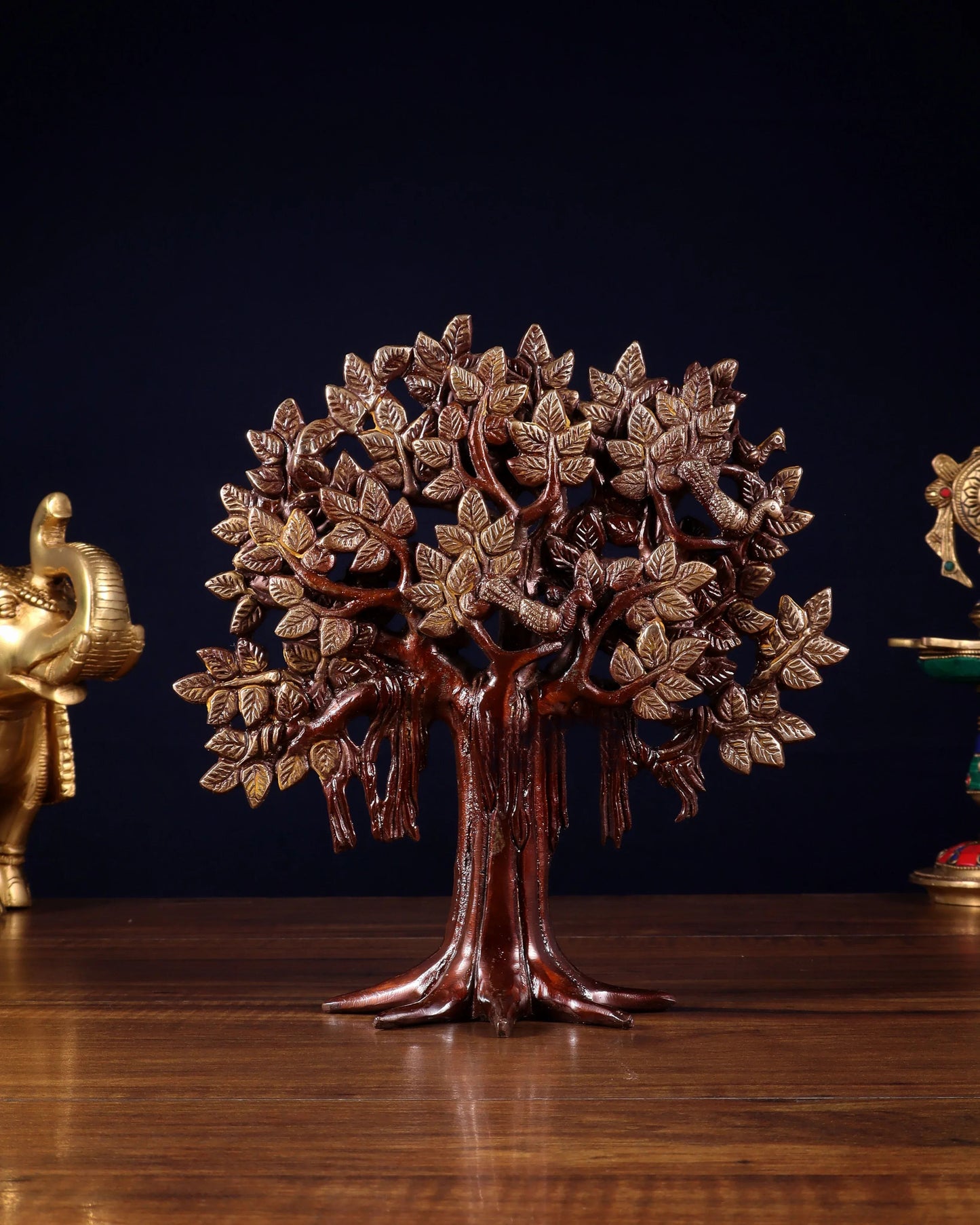 Brassaura™ Pure Brass Handcrafted Kalpavriksha Tree in Vintage Tone | Tabletop Tree of Life Showpiece | Weight 1.2 Kgs | Height 9.5 Inches