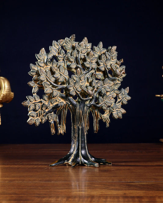Brassaura™ Pure Brass Handcrafted Kalpavriksha Tree in Vintage Sand Finish Tone | Tabletop Tree of Life Showpiece | Weight 1.2 Kgs | Height 9.5 Inches