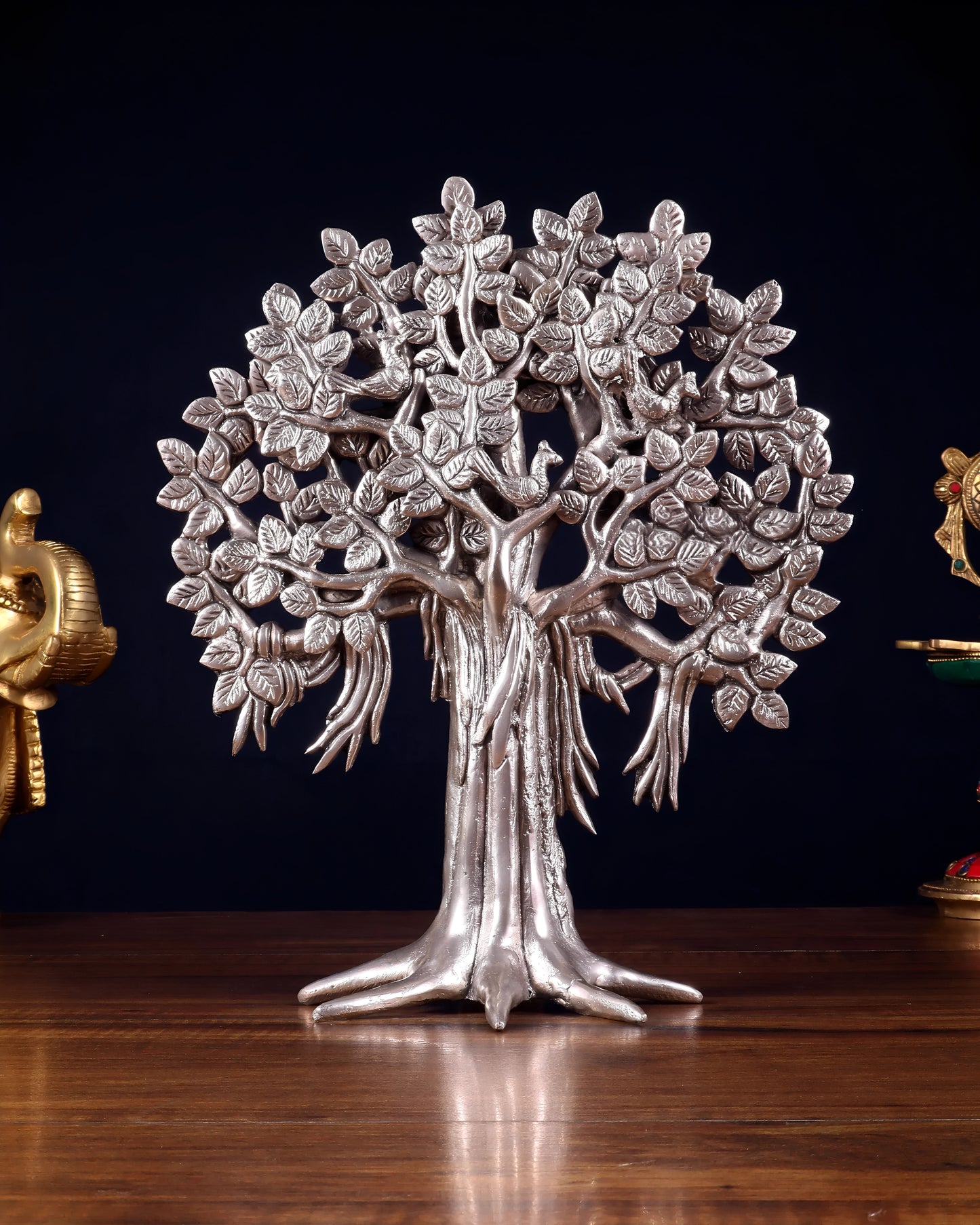 Brassaura™ Pure Brass Handcrafted Silver-Plated Kalpavriksha Tree | Tabletop Tree of Life Showpiece | Weight 1.8 Kgs | Height 11 Inches