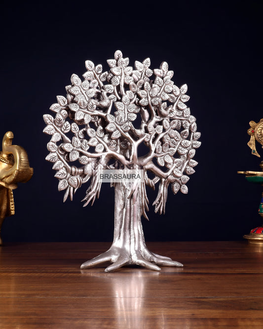 Brassaura™ Pure Brass Handcrafted Silver-Plated Kalpavriksha Tree | Tabletop Tree of Life Showpiece | Weight 1.8 Kgs | Height 11 Inches