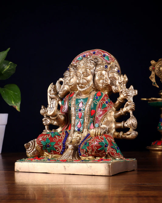 Brassaura™ Panchmukhi Hanuman Statue | Pure Brass with Meenakari Stonework | Height 7.5 Inches & Weight 3.7 Kgs