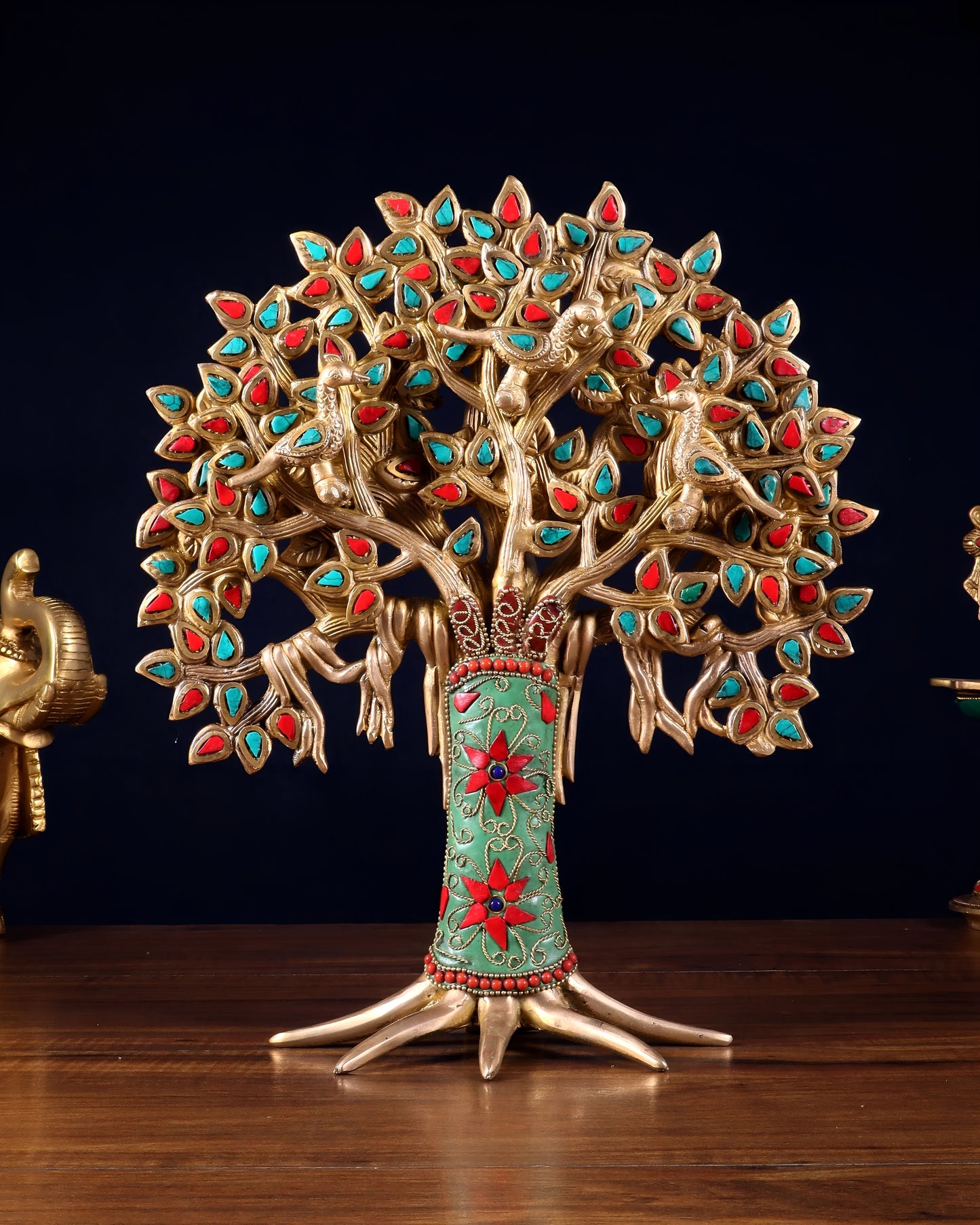 Brassaura™ Brass Kalpavriksha Tree of Life with Birds Showpiece | Handcrafted with Meenakari Stonework | Weight 2.52 Kgs | Height 12 Inches