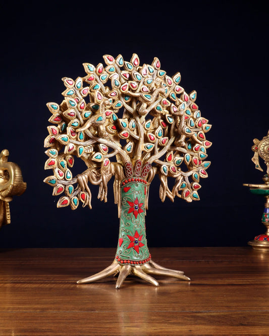 Brassaura™ Brass Kalpavriksha Tree of Life with Birds Showpiece | Handcrafted with Meenakari Stonework | Weight 2.52 Kgs | Height 12 Inches