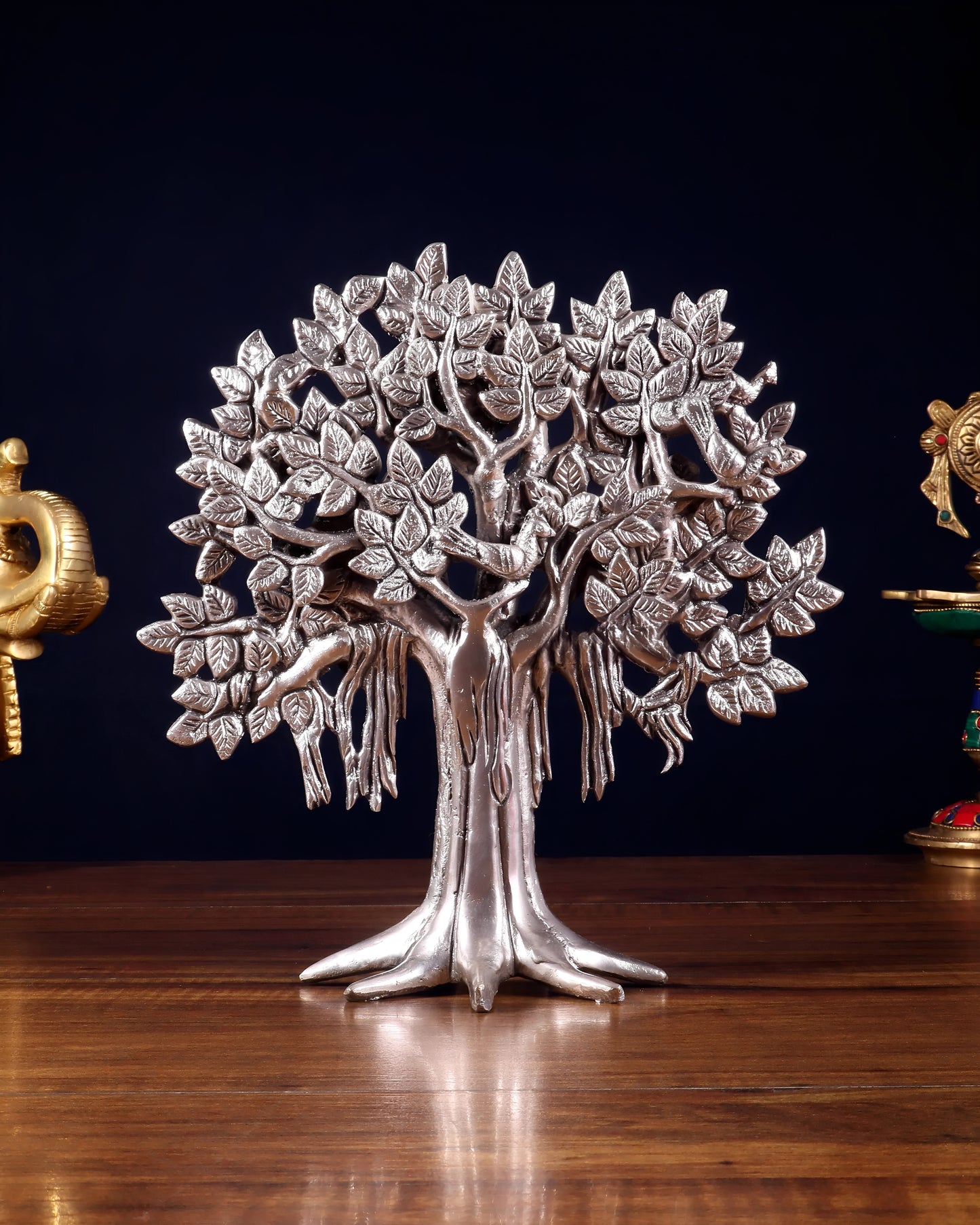 Brassaura™ Pure Brass Handcrafted Silver-Plated Kalpavriksha Tree | Tabletop Tree of Life Showpiece | Weight 1.2 Kgs | Height 9.5 Inches