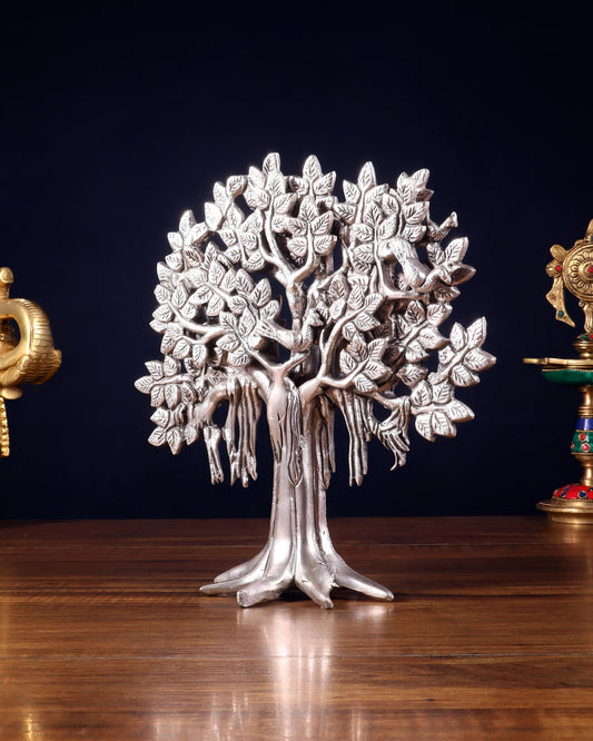 Brassaura™ Pure Brass Handcrafted Silver-Plated Kalpavriksha Tree | Tabletop Tree of Life Showpiece | Weight 1.2 Kgs | Height 9.5 Inches