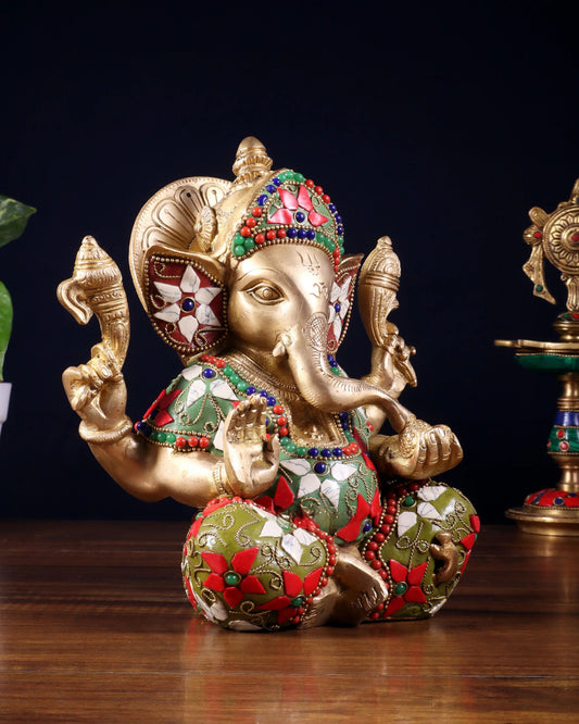 Brassaura™ Brass Taj Ganesha Idol with Stonework | Height 8 Inches & Weight 3 Kgs