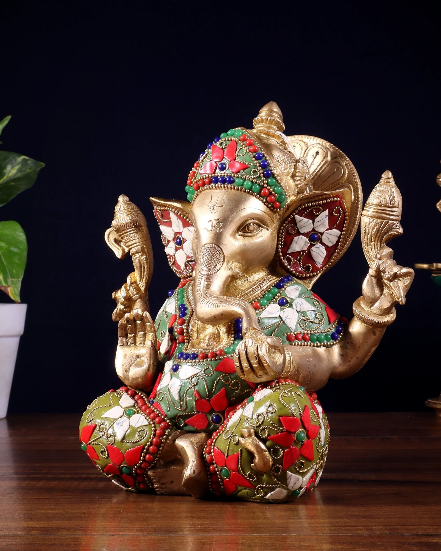 Brassaura™ Brass Taj Ganesha Idol with Stonework | Height 8 Inches & Weight 3 Kgs