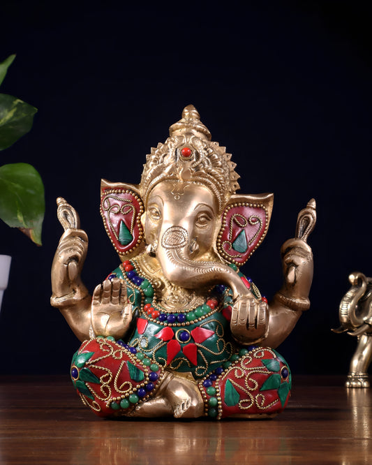 Brassaura™ Brass Ganesha Idol with Meenakari Stonework | Height 6 Inches & Weight 1.8 Kgs