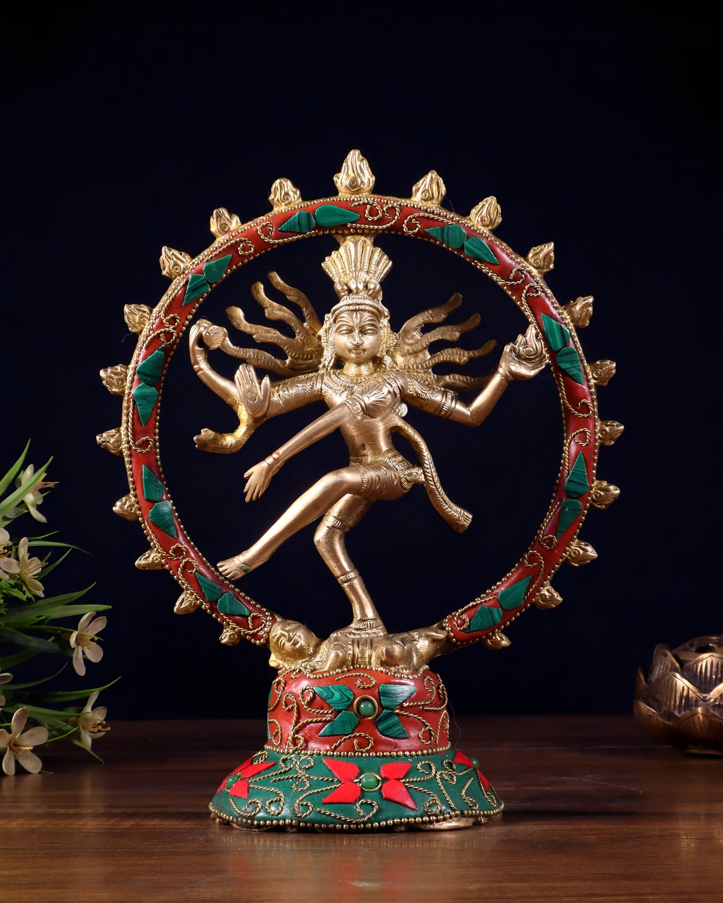 Brassaura™ Superfine Brass Lord Shiva Nataraja Idol with Stonework | Handcrafted Spiritual Décor | Weight 600 g | Height 7.5 Inches