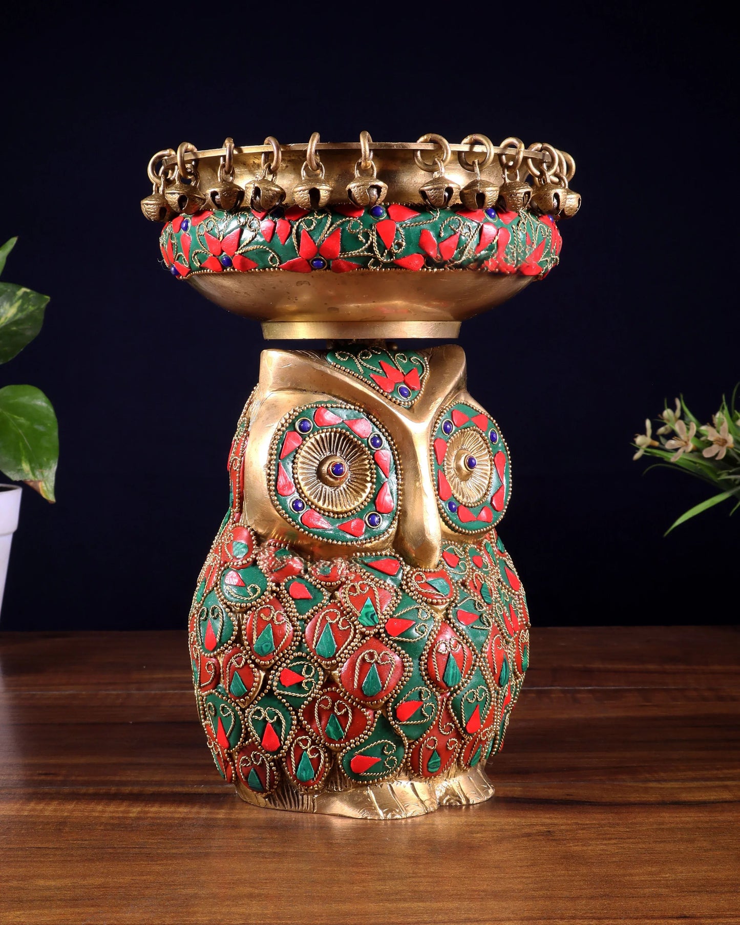 Brassaura™ Brass Urli with Large Owl Adornment | Nepalese-Style Stonework | Height 10 Inches & Weight 4.15 Kgs