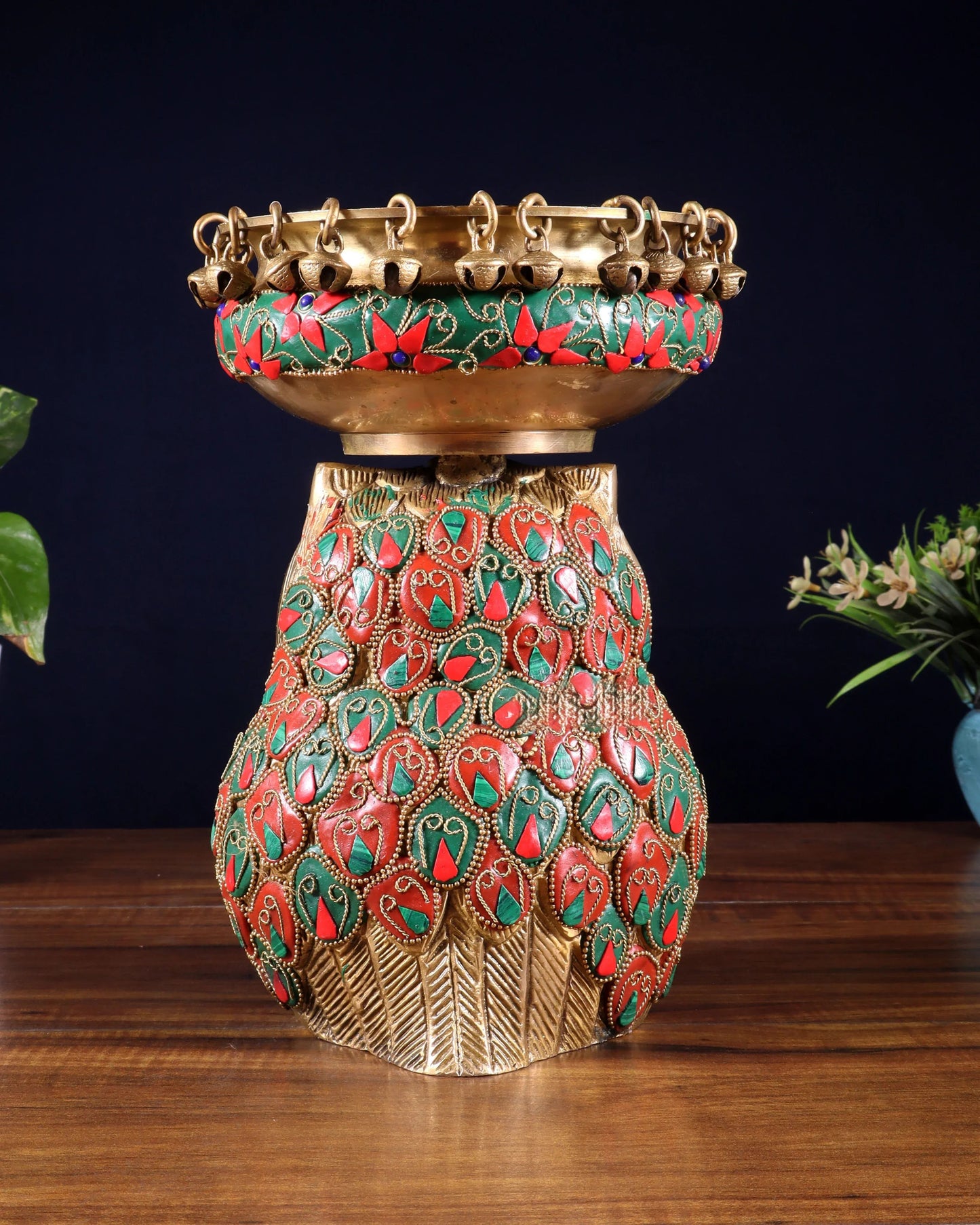 Brassaura™ Brass Urli with Large Owl Adornment | Nepalese-Style Stonework | Height 10 Inches & Weight 4.15 Kgs