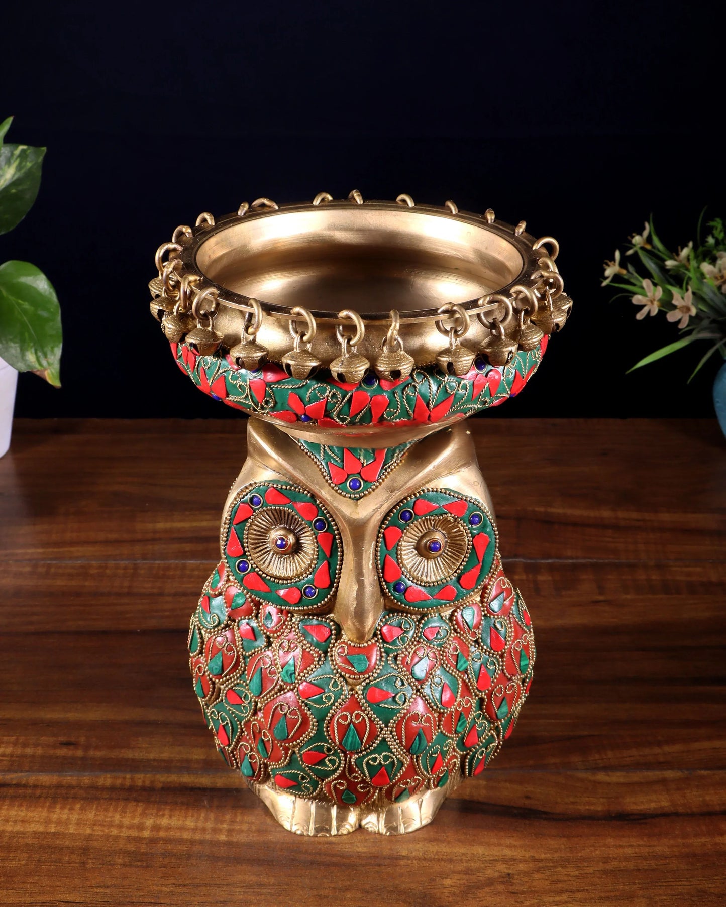 Brassaura™ Brass Urli with Large Owl Adornment | Nepalese-Style Stonework | Height 10 Inches & Weight 4.15 Kgs