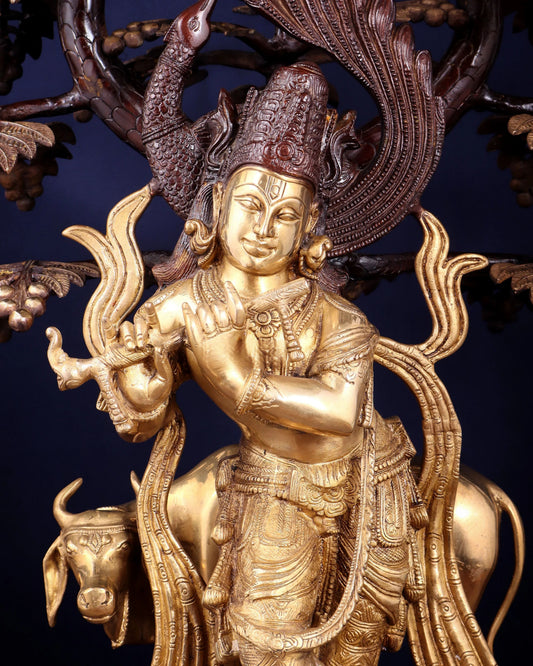 Brassaura® Lord Krishna Under Kalpavriksha Brass Idol | Pure Brass with Vintage Antique Finish | Handcrafted Krishna with Cow & Sacred Wish-Fulfilling Tree | Home Temple, Luxury Décor & Spiritual Gifting | Height 33 Inches | Weight 43.2 Kg
