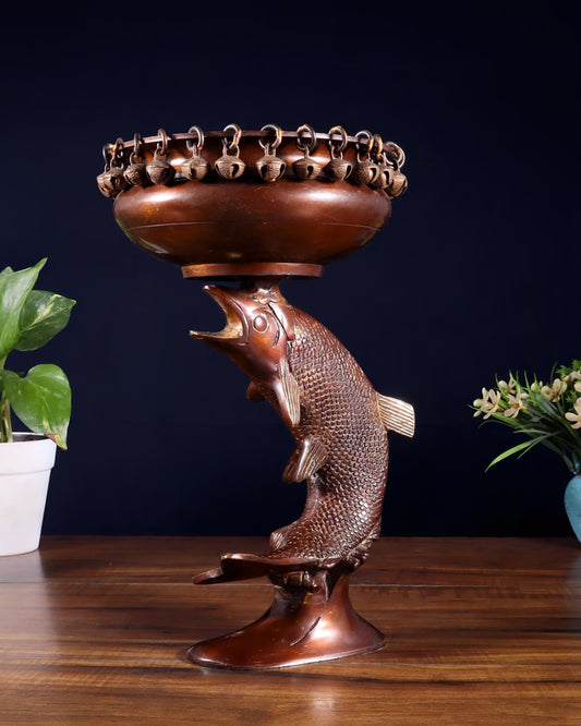 Brassaura™ Brass Decorative Urli with Dangling Ghungroos | Height 11 Inches & Weight 2.45 Kgs