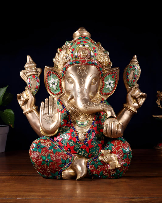 Brassaura™ Large Pure Brass Ganapati Statue with Multicolor Stonework | Height 15 Inches & Weight 14.5 Kgs