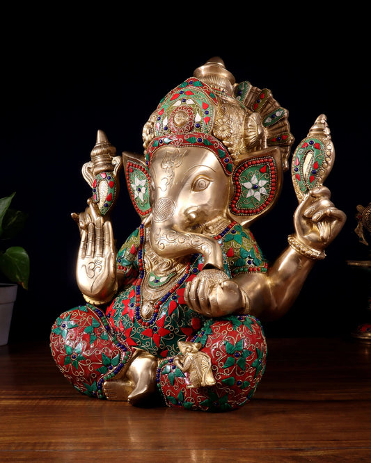 Brassaura™ Large Pure Brass Ganapati Statue with Multicolor Stonework | Height 15 Inches & Weight 14.5 Kgs