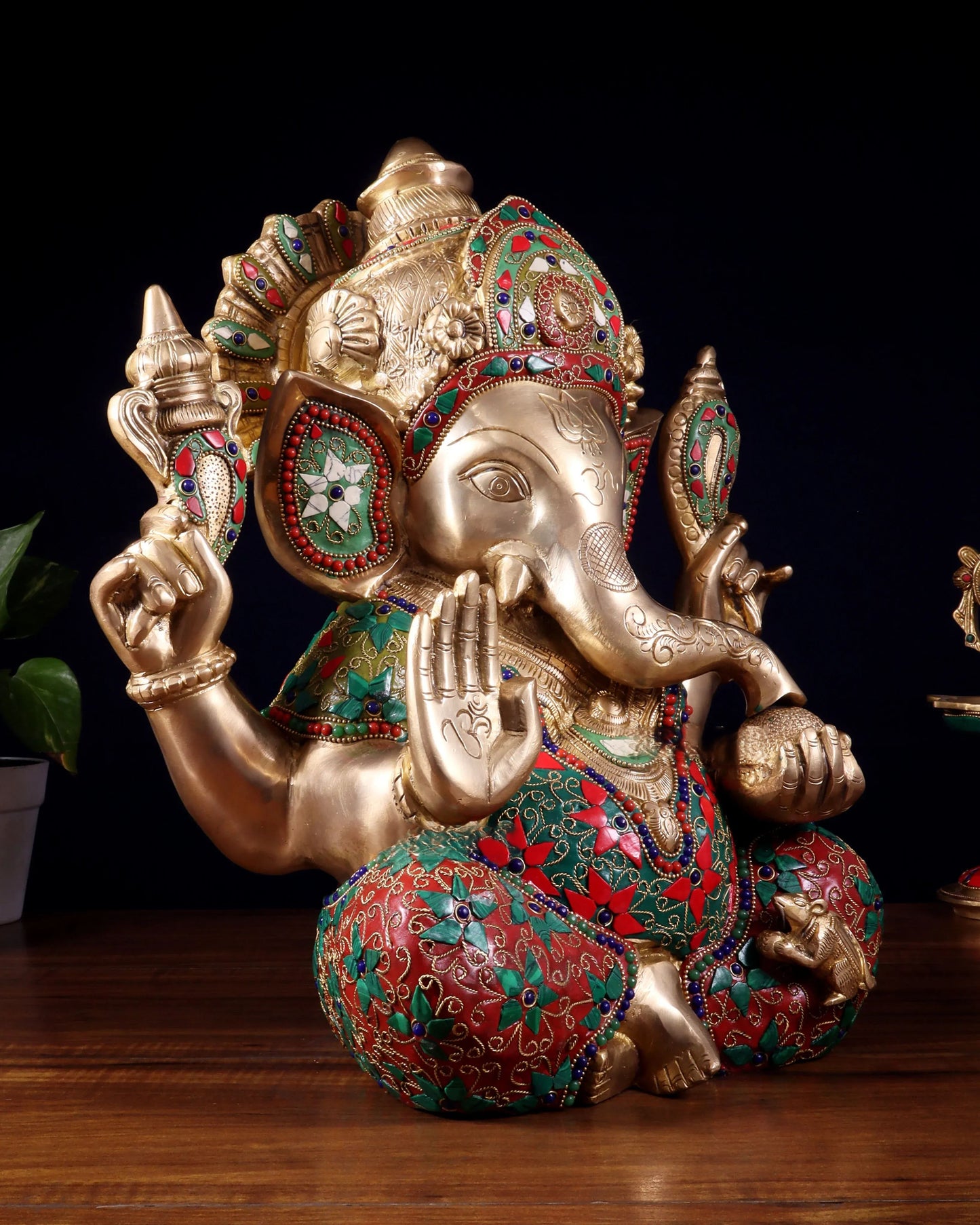 Brassaura™ Large Pure Brass Ganapati Statue with Multicolor Stonework | Height 15 Inches & Weight 14.5 Kgs