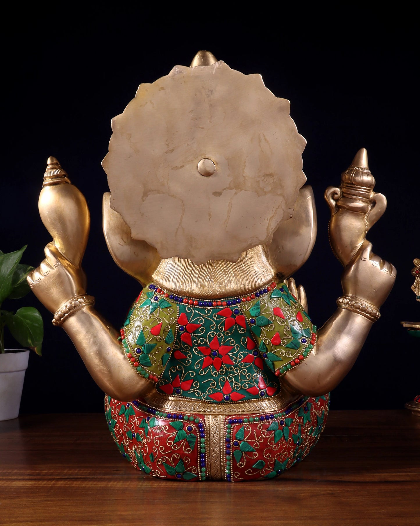 Brassaura™ Large Pure Brass Ganapati Statue with Multicolor Stonework | Height 15 Inches & Weight 14.5 Kgs