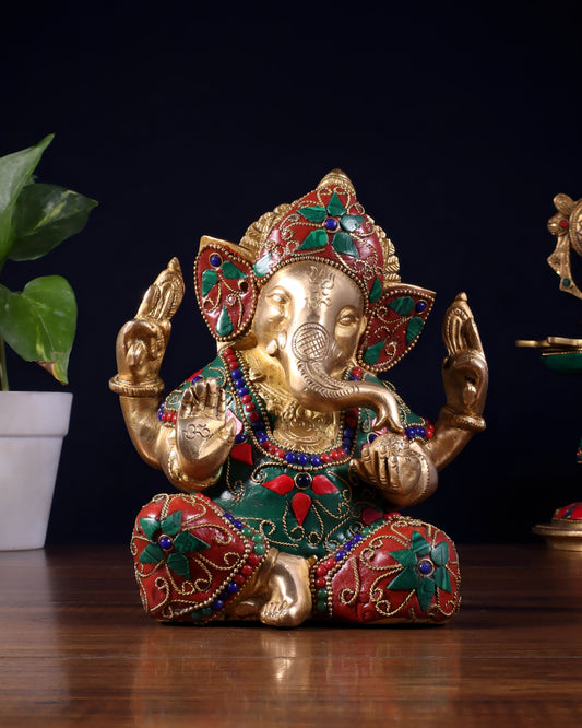 Brassaura™ Brass Taj Ganesha Idol with Stonework | Height 7 Inches & Weight 2.5 Kgs