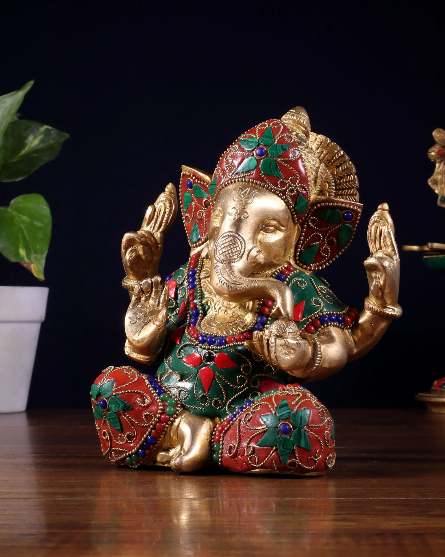 Brassaura™ Brass Taj Ganesha Idol with Stonework | Height 7 Inches & Weight 2.5 Kgs