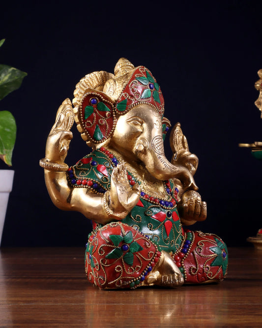 Brassaura™ Brass Taj Ganesha Idol with Stonework | Height 7 Inches & Weight 2.5 Kgs