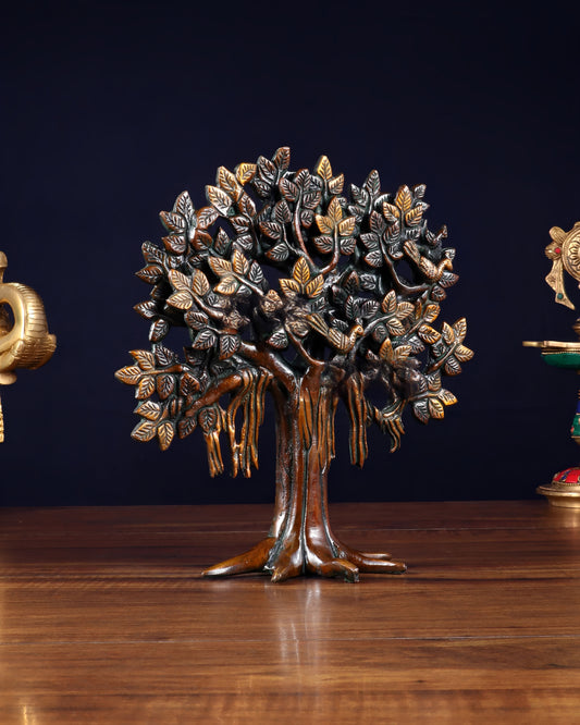 Brassaura™ Pure Brass Handcrafted Kalpavriksha Tree | Tabletop Tree of Life Showpiece | Weight 1.2 Kgs | Height 9.5 Inches