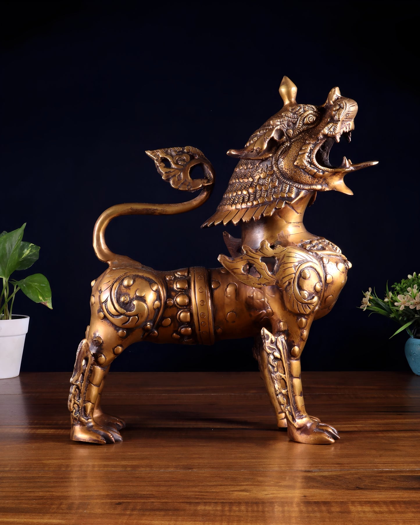 Brassaura™ Solid Brass Tibetan Lion Statue | Handcrafted Himalayan Heritage Art | Weight 20 Kgs | Height 14.5 Inches