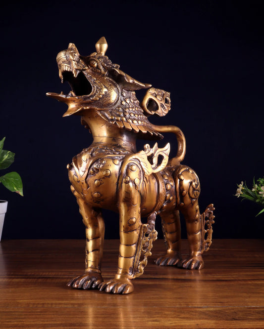 Brassaura™ Solid Brass Tibetan Lion Statue | Handcrafted Himalayan Heritage Art | Weight 20 Kgs | Height 14.5 Inches