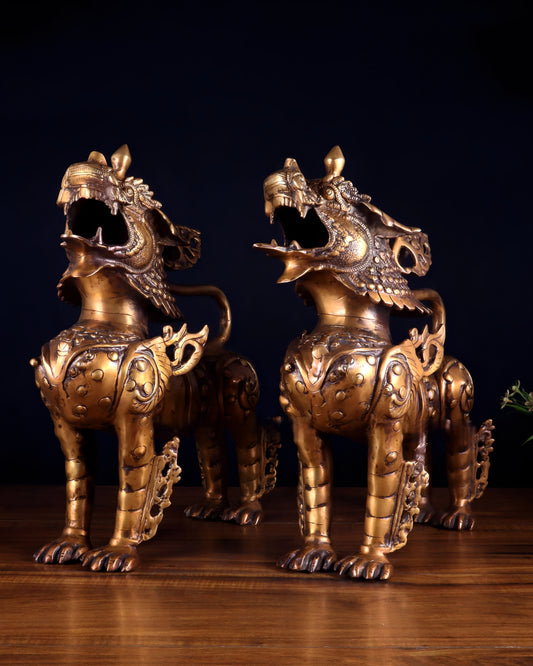 Brassaura™ Pair of Tibetan Snow Lion Statues in Vintage Brass | Handcrafted Himalayan Décor | Total Weight 40 Kgs | Height 14.5 Inches