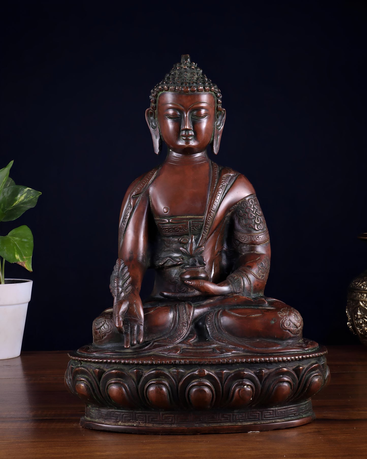 Brassaura™ Pure Brass Medicine Buddha Statue | Antique Tone Handcrafted Décor | Weight 4.58 Kgs | Height 12 Inches
