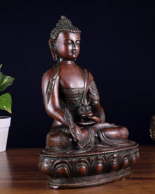 Brassaura™ Pure Brass Medicine Buddha Statue | Antique Tone Handcrafted Décor | Weight 4.58 Kgs | Height 12 Inches