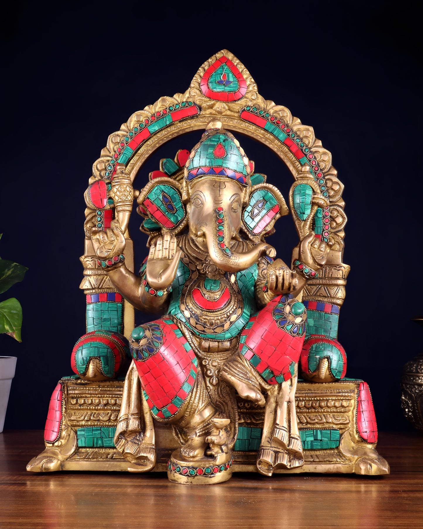 Brassaura™ Pure Brass Lord Ganesha Seated on Throne with Meenakari Stonework | Height 17 Inches & Weight 15 Kgs