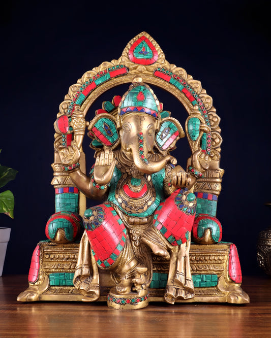 Brassaura™ Pure Brass Lord Ganesha Seated on Throne with Meenakari Stonework | Height 17 Inches & Weight 15 Kgs