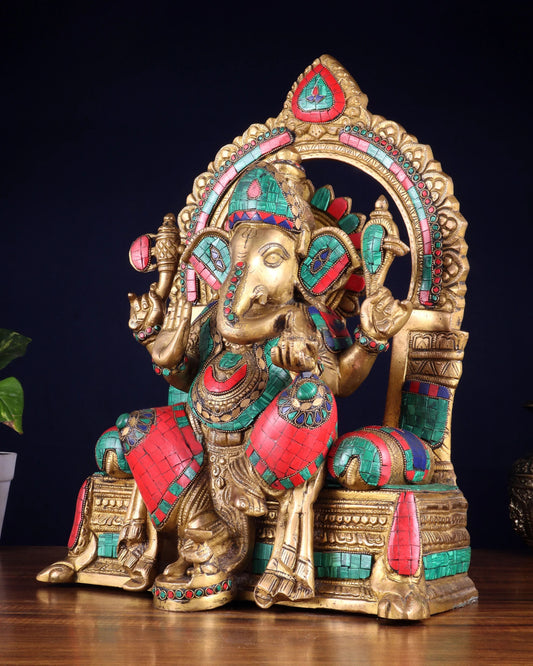 Brassaura™ Pure Brass Lord Ganesha Seated on Throne with Meenakari Stonework | Height 17 Inches & Weight 15 Kgs