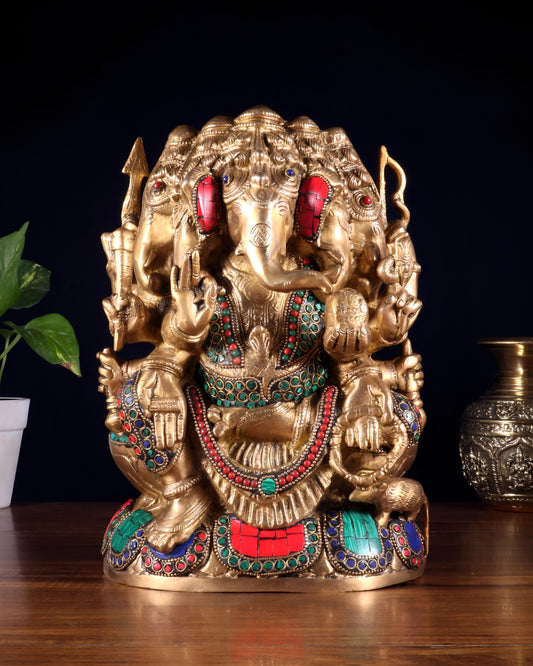Brassaura™ Pure Brass Panchmukhi Ganesha Statue | Height 11 Inches & Weight 7.2 Kgs