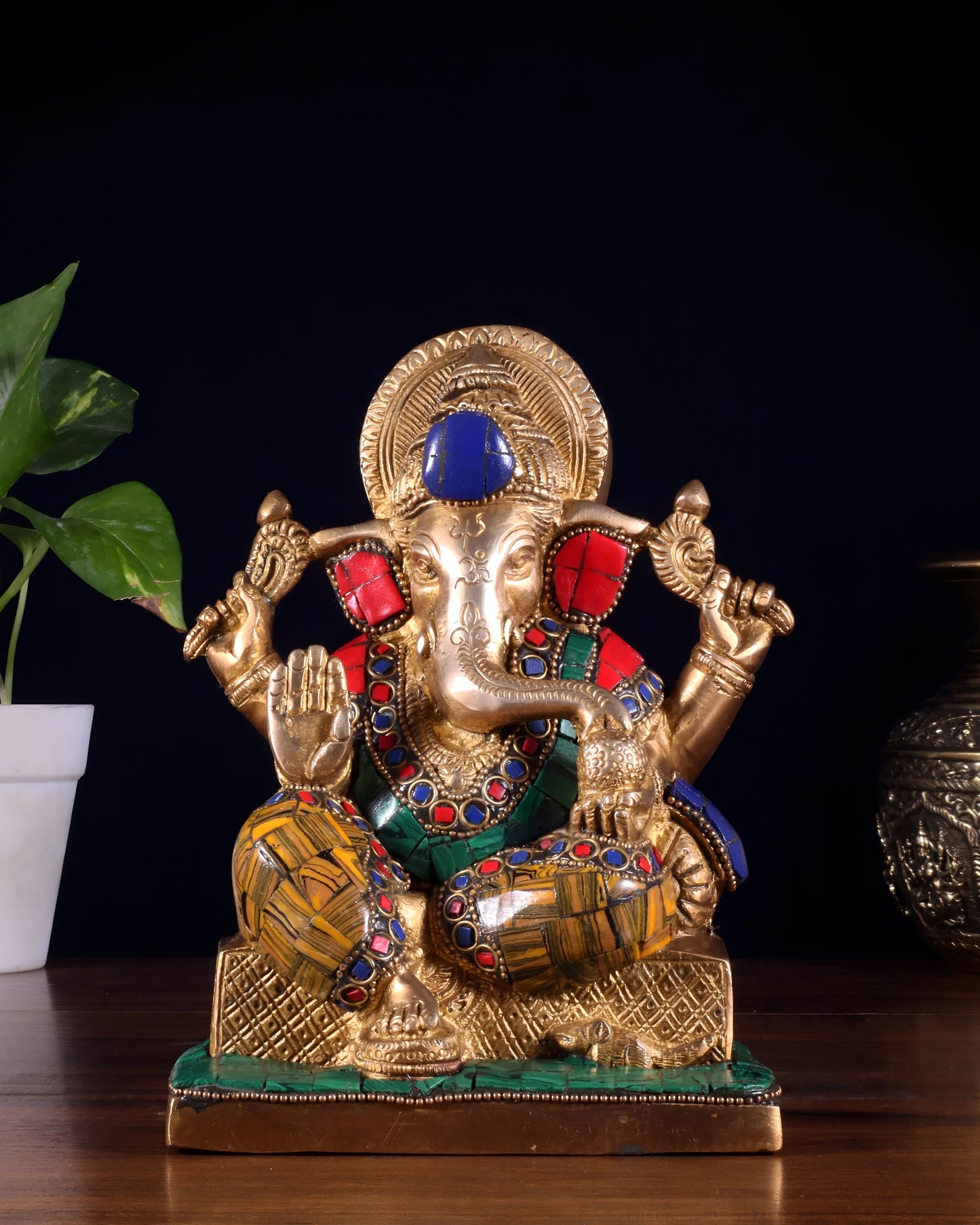 Brassaura™ Brass Lord Ganesha Idol with Stonework | Height 7.5 Inches & Weight 2.5 Kgs