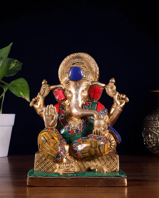 Brassaura™ Brass Lord Ganesha Idol with Stonework | Height 7.5 Inches & Weight 2.5 Kgs