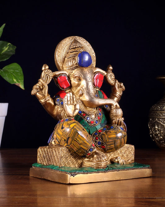 Brassaura™ Brass Lord Ganesha Idol with Stonework | Height 7.5 Inches & Weight 2.5 Kgs